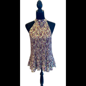 Pleione Blouse Size Large Top Smocked Sleeveless Tie Neck Rose Yellow Floral